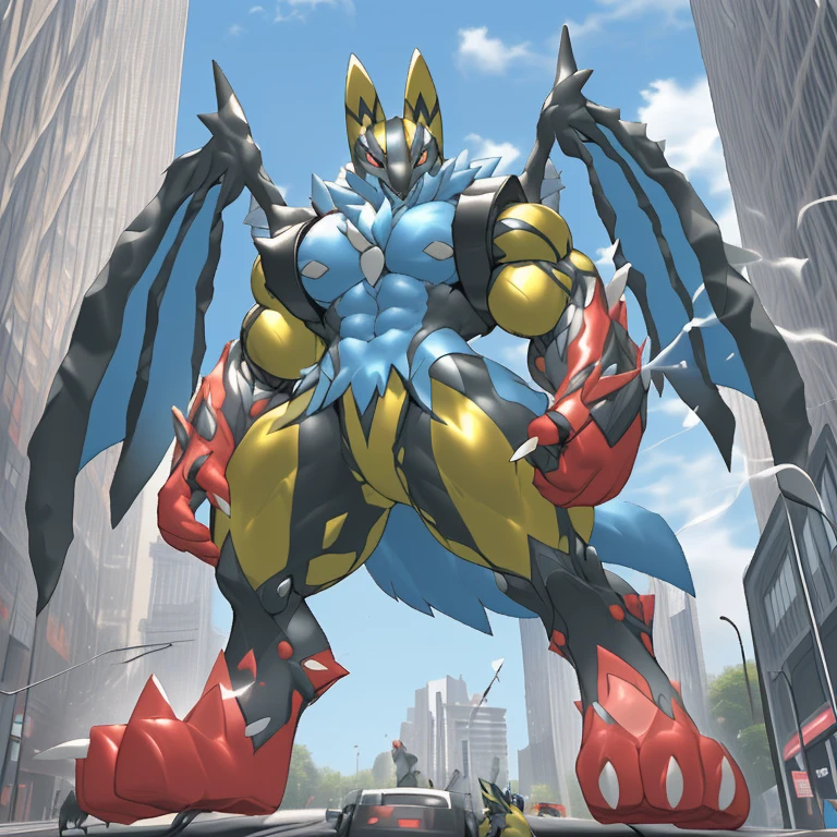 (Solo. masterpiece. official art. 8k. best quality. detailed full body. full body.)
(situation 1 : dominating Shiny_Mega_Lucario. Shiny_Mega_Lucario is over 1000 meters long. focus GIANT mechanical Muscular Shiny_Mega_Lucario is trampling the city. Looking down. macro. stomp. Low-angle perspective. emphasizing the immense size. He is much bigger than a skyscraper. Giga Giants. looking down. foot focus, (soles:1.2))
(situation 2 :smoke and flames rising from the destruction in the city)
(Additional details 1: wearing a full-face helmet. golden armor. high-tech bio-mecha armor. real texture material. whole body shines like metal. emphasizes the muscles. suit fully made of metal. intricate armor. Robotic suit. suit fully made of metal.).
(Additional details 2: (Detailed head. Detailed Body. Detailed abs. gigantic muscles. HYPER MUSCLES. Gigachad Muscular. big muscle. pecs. triceps. traps. unusually developed muscular body. body full of huge muscles. showing off muscles. pectorales enormes. Exaggeratedly huge muscles. huge muscles. long legs. abs.).
(Additional details 3: Spread wings. It has wings. have big wings. The claws are sharp. Sharp teeth.).