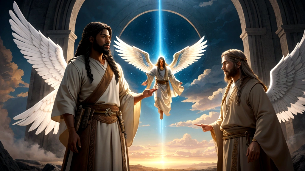 "Description: Create a mystical scene depicting prophets like Isaiah and Ezekiel, alongside the apostle John in a spiritual realm. Show Isaiah witnessing the glory of God's throne, Ezekiel encountering angelic beings in visions, and John receiving revelations of Heaven.
Details: Use vibrant and ethereal colors to distinguish between the visions of Isaiah, Ezekiel, and John. Incorporate symbolic elements like scrolls with prophecies, angelic beings with wings spread, and heavenly landscapes with radiant light piercing through clouds. This visual should convey the awe-inspiring nature of divine encounters and their profound impact on biblical teachings.
"
