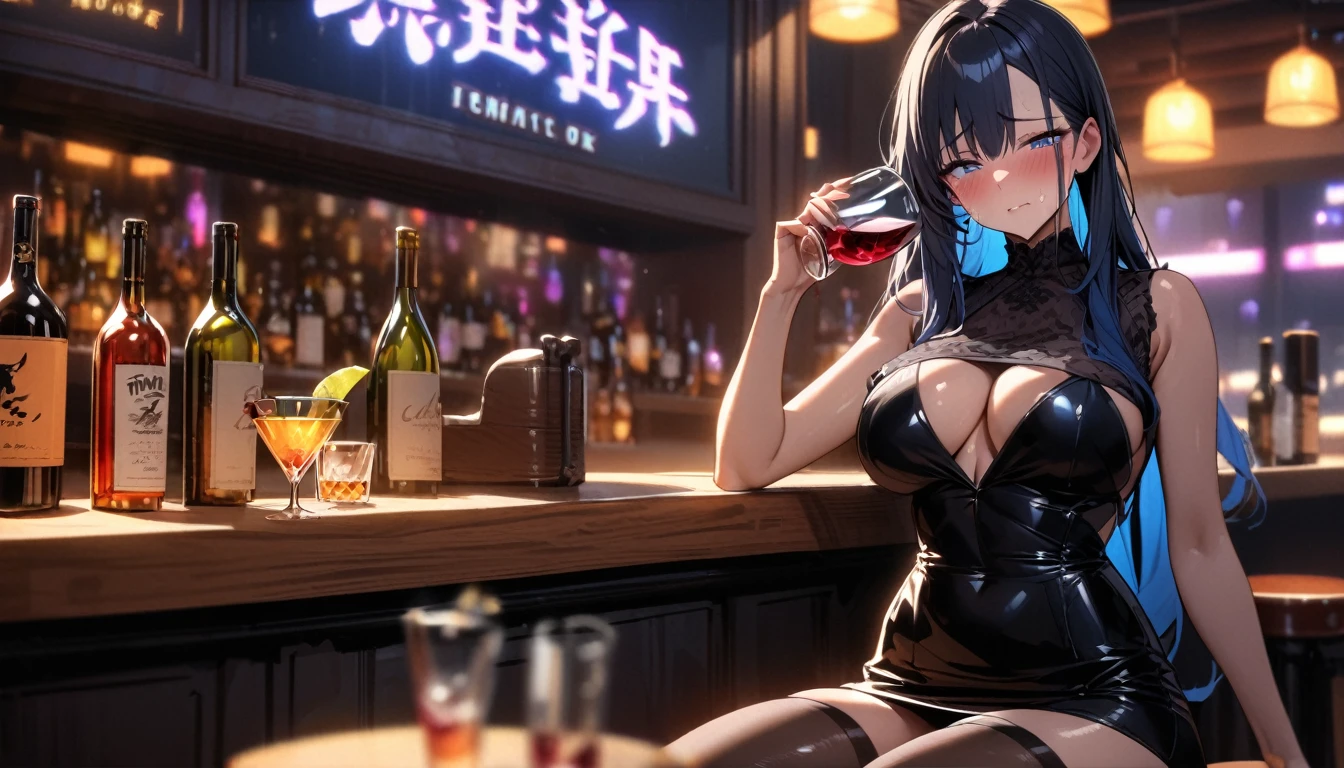 (masterpiece), (best quality), (Clear focus), (Depth of Field), (woman): Solitary, (Perfect face), (Detailed clothing), (Busty),(Sad expression), beautiful woman, blue eyes, whole body, Blue Hair, Long hair, (Black sexy dress) (((((Night scene background))))), (((at the bar))), wine, whiskey, High ball,(Shiny and glowing, Effect:1.2)，(best quality, 4K, high resolution, masterpiece:1.2, Extremely detailed），Large Breasts,30 years old girl,独奏,black hair,long hair,blue eyes,sad,tears,(drunk,blush),sitting,drinking,((Mature sexy body))，Black stockings，Black tight skirt, Mature sexy body,holding mug,counter,pub,(Fashion bar) indoors, ((Cocktail Glass) Full of colorful wine), (dimly light room), Wine Bottle, Detailed background