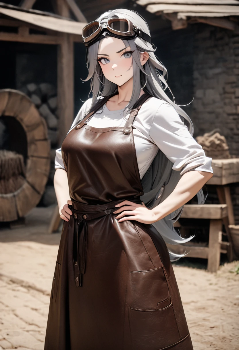 Masterpiece, best quality, high resolution, 8K raw photo. A beautiful medieval blacksmith woman with long, flowing hair and a muscular build. She is wearing intricately designed goggles on her head, a leather apron, and rugged work clothes. She stands with her hands on her hips, looking directly at the camera with a confident expression. The background is completely gray.