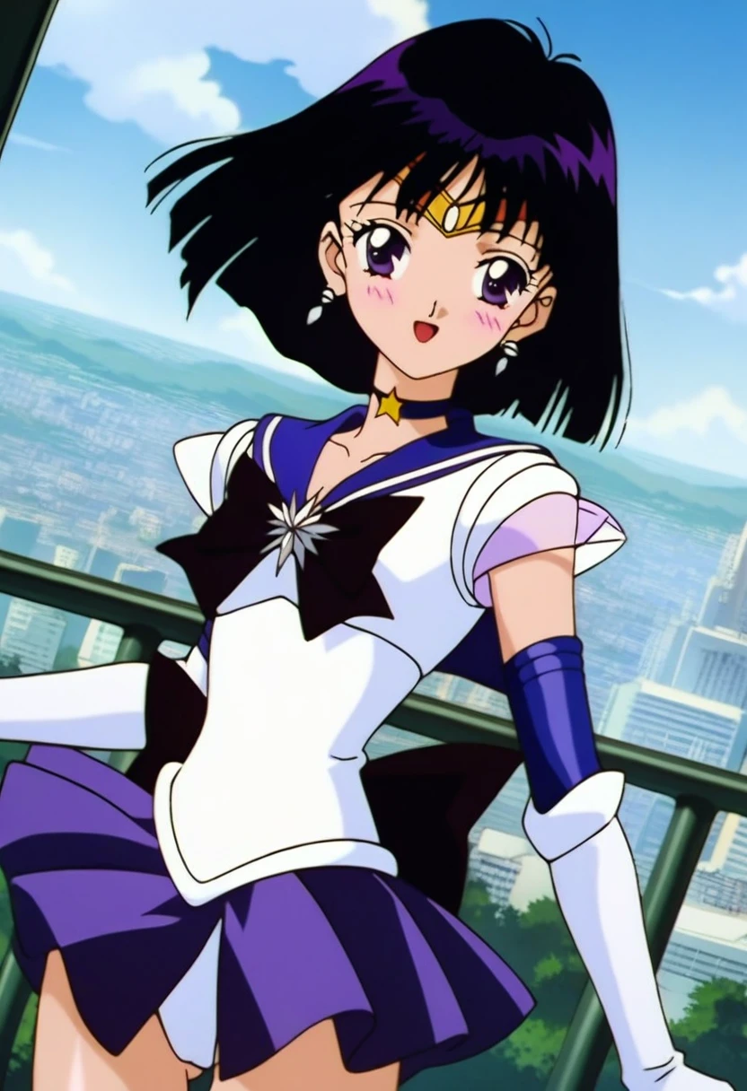 masterpiece, best quality, very aesthetic, Sailor Saturn XL, 1990s \(style\), anime artwork, anime style, perfect composition, moist skin, intricate details, perfect face, beautiful detailed eyes, BREAK 1girl, solo, , short hair, black hair, purple eyes, flat chest, skinny, sailor senshi uniform, purple sailor collar, tiara, earrings, jewelry, star choker, bowtie, back bow, star brooch, white elbow gloves, purple miniskirt, shiny clothes, BREAK looking away, smile, blush, open mouth, cameltoe, pose, white leotard, (pantyshot:1.2), wind lift, outdoors, city, blue sky, wind, dutch angle,