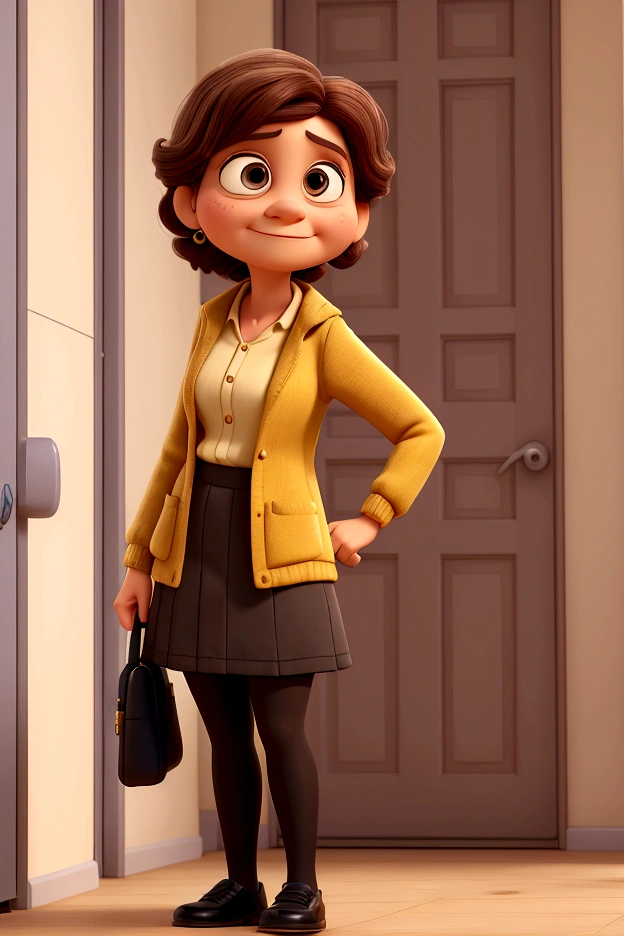 A photo of Ligia Travensolo, a Disney Pixar 3d style character, based on the movie Inside Out, she is short, is a old woman, around 40 years old, is a french teacher, has light skin and shoulder-length dark brown hair, and brown eyes. She is wearing a black blazer over a mustard yellow top, paired with a grey skirt and black tights and low heel black shoes. Looking at the camera.
