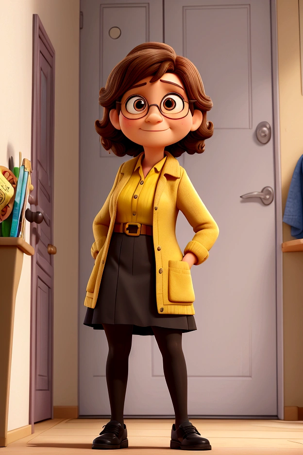A photo of Ligia Travensolo, a Disney Pixar 3d style character, based on the movie Inside Out, she is short, is a old woman, around 40 years old, is a french teacher, has light skin and shoulder-length dark brown hair, and brown eyes. She is wearing a black blazer over a mustard yellow top, paired with a grey skirt and black tights and low heel black shoes. Looking at the camera.