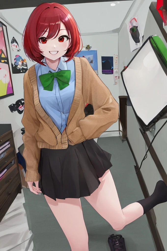(The ultimate masterpiece), (Ultra HD), (Ultra-fine), High resolution, Ultimate beauty, High chroma, vivid,Girl,(pretty girl), Thighs, (cardigan), (skirt), Super Smile, Red hair,ショートBob,(Bob),Red Eyes ,Small breasts, Cute room,put one's hand between one's thighs
