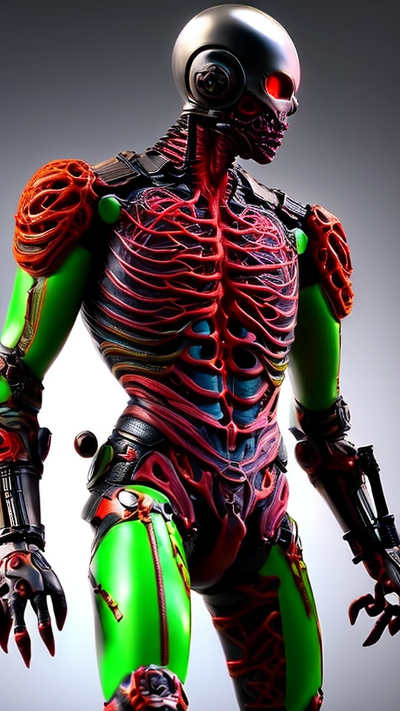 3D Rendering、Toy、Full body image、Asymmetric、Action Figures、1/6 Scale、12 inch size、Bad guy、artificial human world、(((The whole body is asymmetrical)))、The right half of the body is mechanical、Steampunk Style、Some parts glow in neon colors、(((The left side of the body is a creepy body with arteries and veins protruding)))、Unclean and unpleasant skin、Scary look、(((Full body image)))