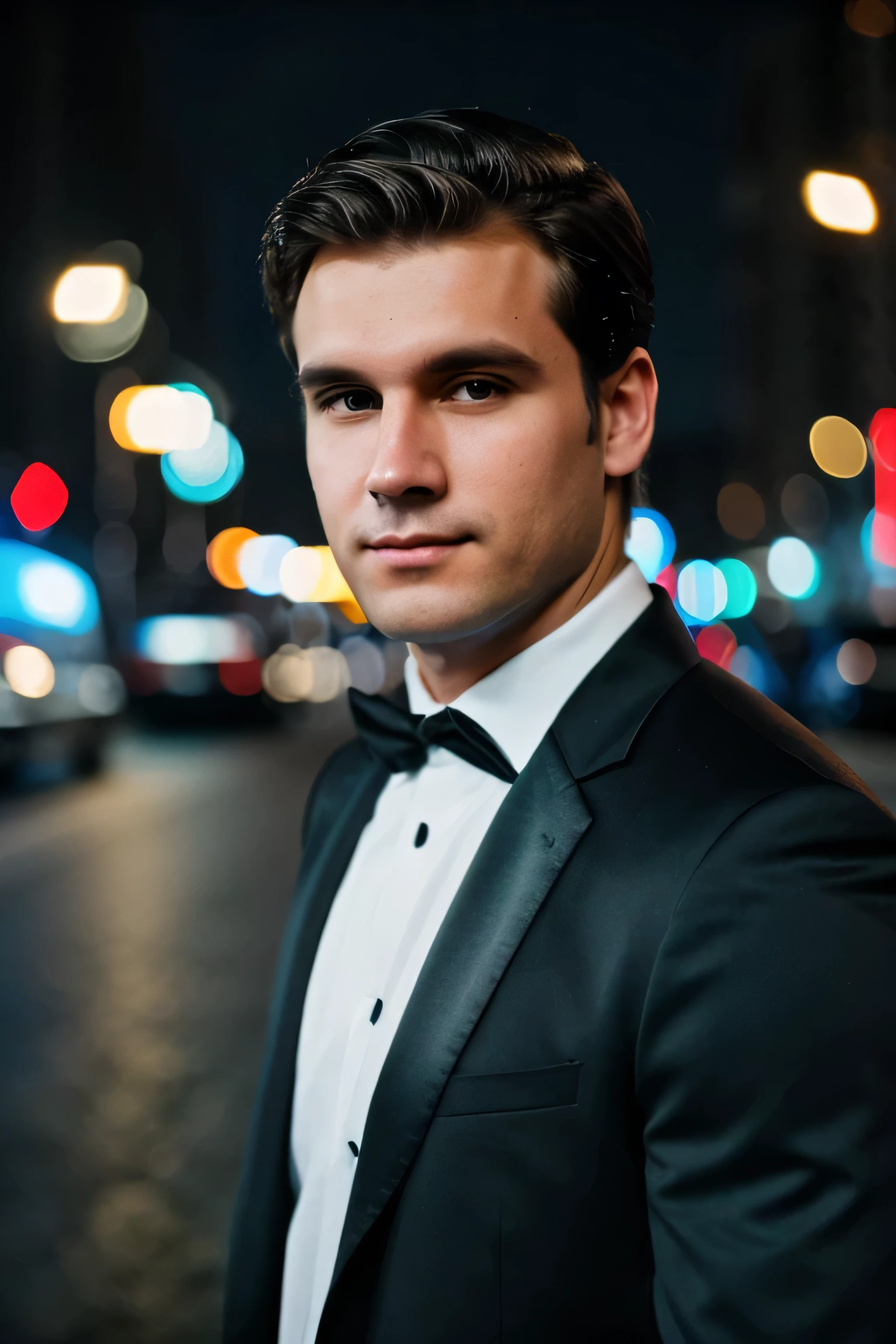 closeup face photo of caucasian man in black clothes, night city street, bokeh