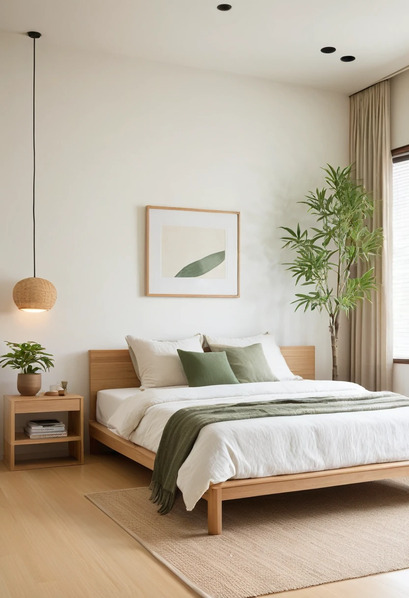 A serene Muji style bedroom with a minimalist design, featuring a neutral color palette of soft whites, beiges, and natural wood tones. The room showcases a low-profile wooden bed with simple, bamboo s on large windows on the right, clean lines, dressed in cozy, neutral-toned bedding. On either side of the bed are small, minimalist nightnds with simple, round lamps providing soft, ambient lighting. The walls are adorned with minimal decor, including a single framed artwork of a green leaf above the bed.
To the right, there's a functional wooden desk with a round mirror and a small potted plant, exuding a sense of calm and natural beauty. The floor is covered with a simple, textured rug that complements the wooden flooring. Large windows with bamboo blinds anatural light to filter in, creating a warm and inviting atmosphere. The room is free of clutter, emphasizing functionality and simplicity, characteristic of the Muji style.
((8k)), high quality detail, soft lighting, minimalist design, neutral color palette, natural materials, clean lines, serene and inviting, modern Japanese aesthetic.