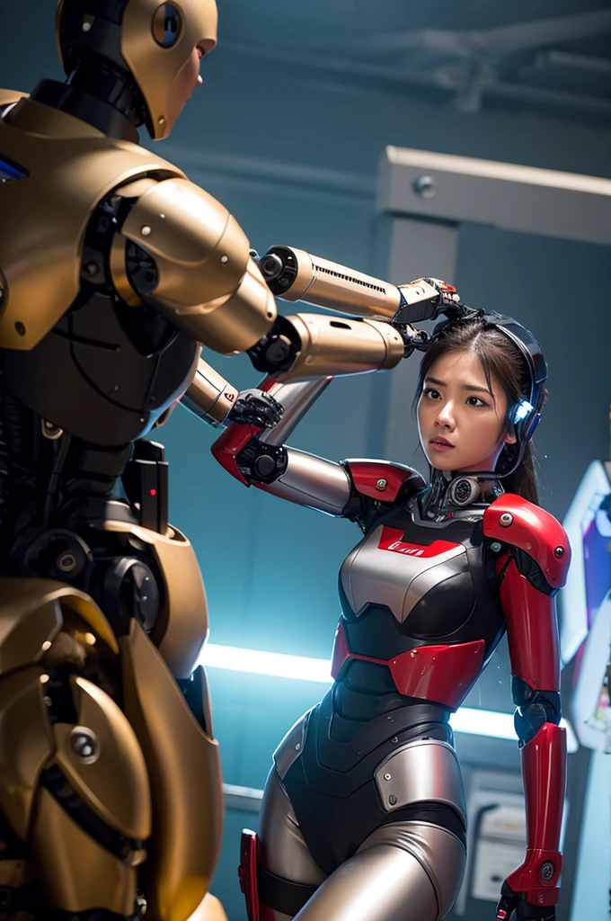 Woman fighting a robot