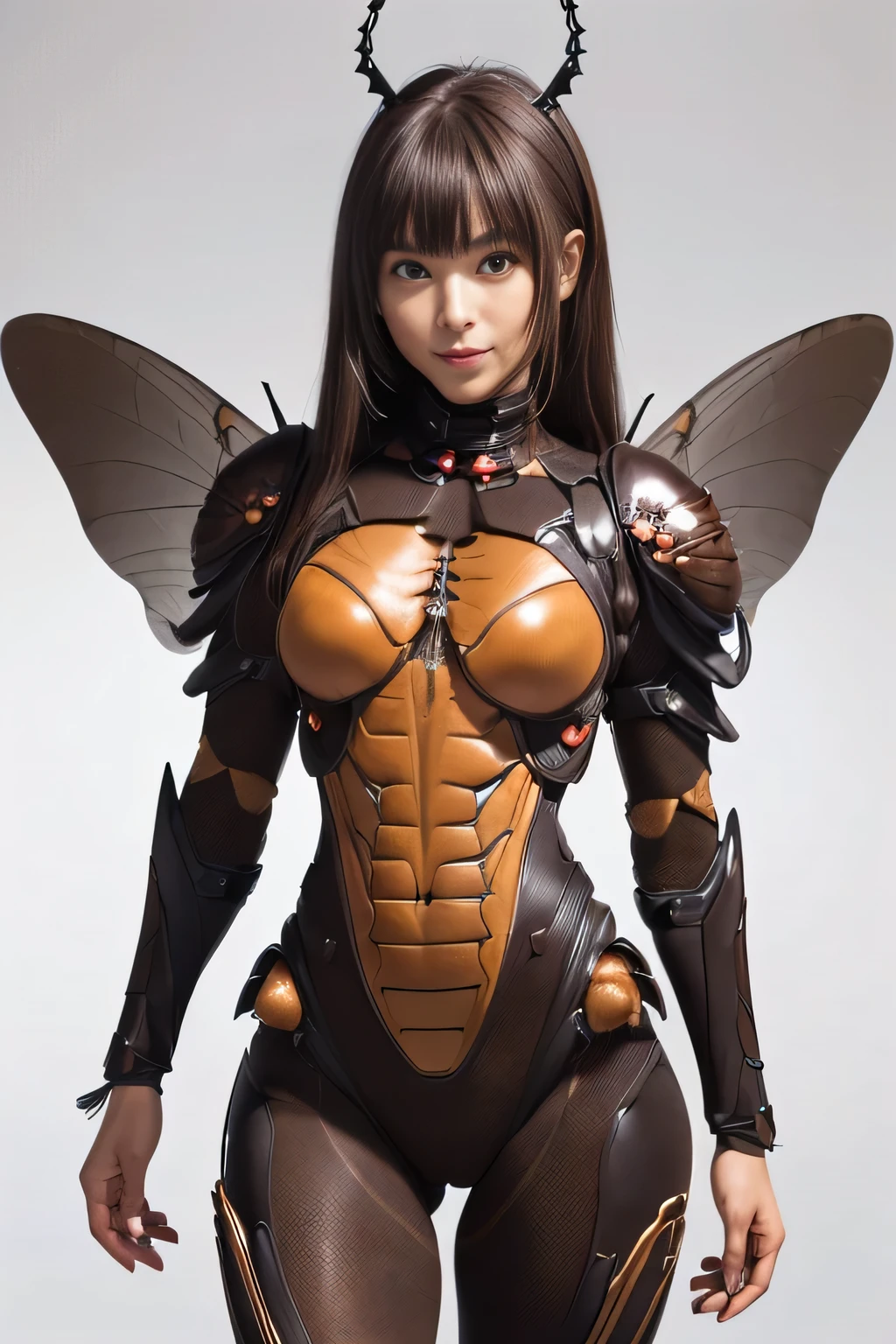 (high resolution,masterpiece,best quality,extremely detailed CG, anime, official art:1.4), realistic, photo, amazing fine details, all intricate, gloss and shiny,awesome many layers, 8k wall paper, 3d, sketch, kawaii, illustration,( solo:1.4), perfect female proportion,villainess, (fusion of dark brown cockroach and lady:1.4), (brown cockroach form lady:1.2), (brown cockroach lady:1.2), (fusion:1.2), (solo:1.4), (evil smile:1.2), muscular, abs, (cockroach brown exoskeleton bio insect suit:1.4), (cockroach brown exoskeleton bio insect armor:1.2), (brown transparency cockroach wing:1.4), (brown cockroach antennae:1.3),