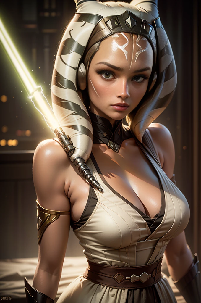 Green skin, white dress, cleavage, large breasts holding a light saber, portrait of ahsoka tano, cal kestis lightsaber wallpaper,25 year old female jedi, ahsoka tano, jedi holding, jedi knight, by Jason Felix
