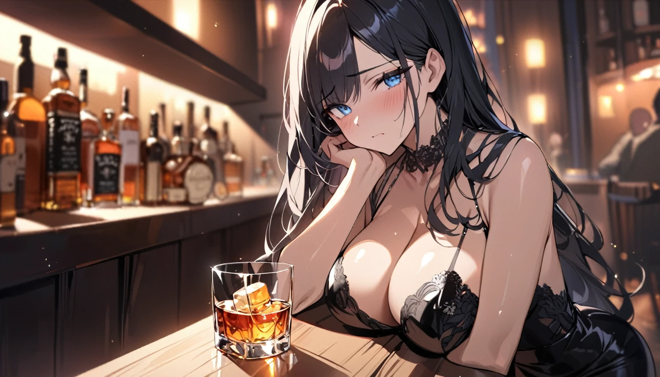 (masterpiece), (best quality), (Clear focus), (Depth of Field), (woman): Solitary, (Perfect face), (Detailed clothing), (Busty),(Sad expression), beautiful woman, blue eyes, whole body, Black hair, Long hair, (Black sexy dress) (((((Night scene background))))), (((at the bar))), wine, whiskey, High ball,(Shiny and glowing, Effect:1.2)