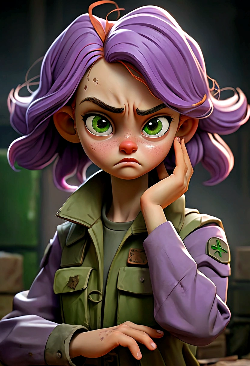 Girl in combenison, Chernobyl exclusion zone, S.T.A.L.K.E.R, purple hair, green eyes, scar above her left eyebrow, unarmed, five fingers on her left hand, five fingers on her right hand, sad.