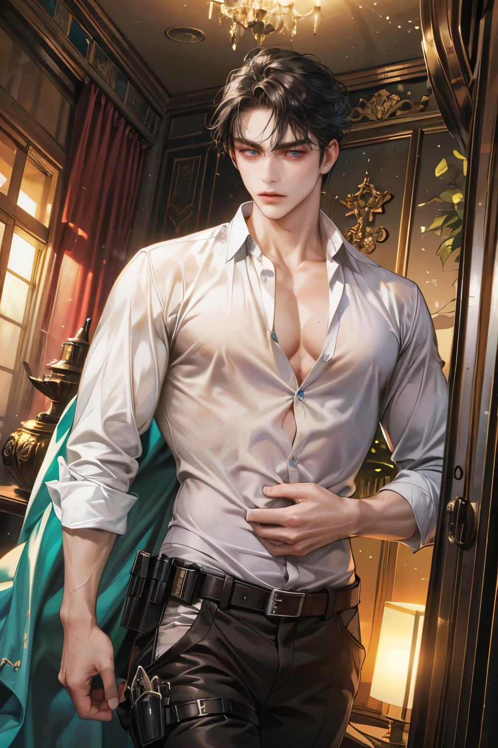 (absurdres, highres, ultra detailed, original character, HDR), 1 russian boy, solo, adult, handsome, ((tall muscular guy, broad shoulders)), finely detailed eyes, (black hair), hair between eyes, turquoise eyes, holographic, futuristic, casual and sexy outfit, gun holster, (body tight white shirt), (large man breasts), ((wearing an earring)), cowboy shot, dutch angle, face focused, british colonial room scenery, dystopian hong kong city, indoor, Cyan, Magenta, long face, closed mouth, looking at viewer, depth of field, bokeh