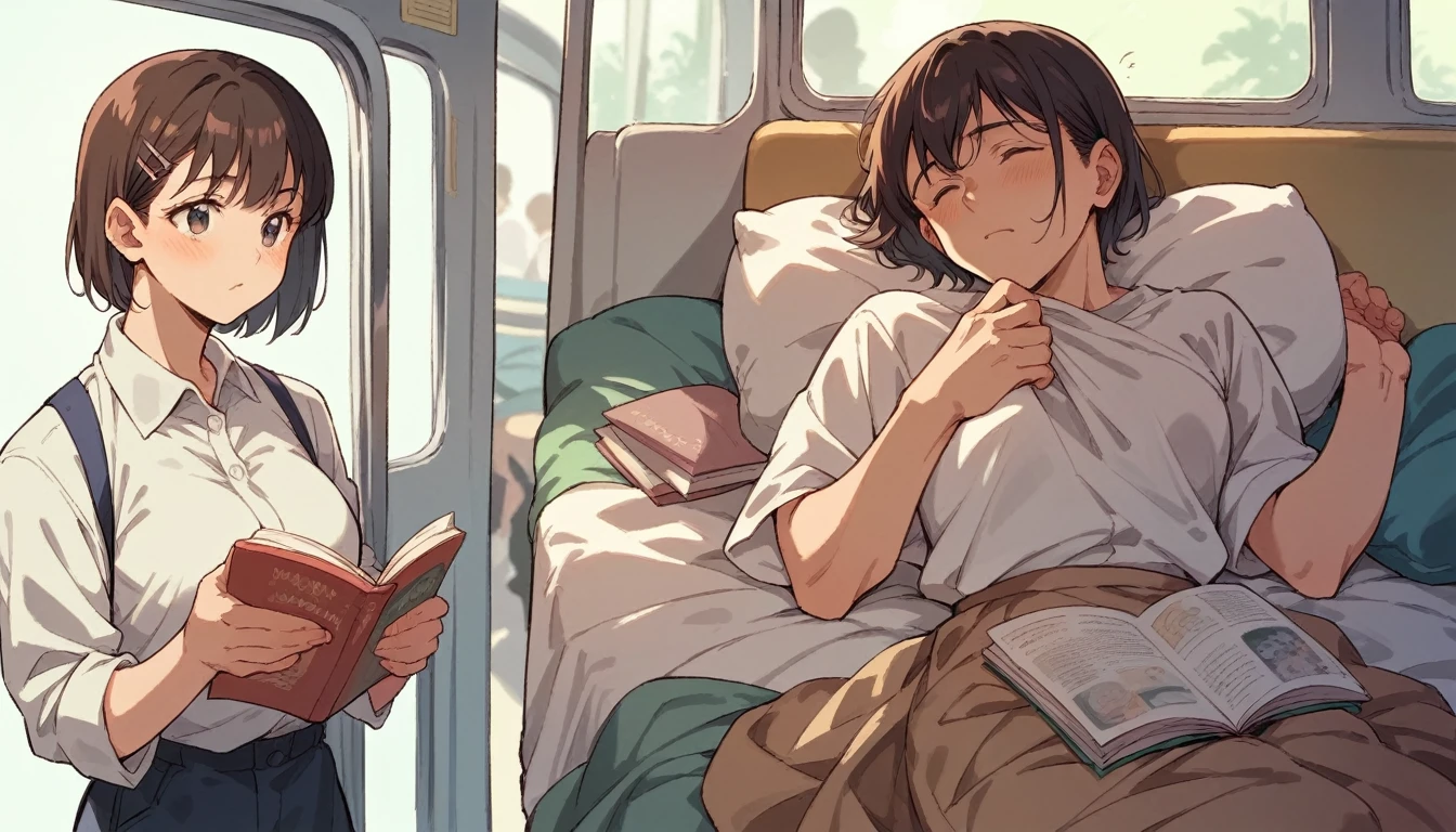 Three scenes in one image: Reading manga on a crowded train, Relax and read manga during your coffee break, Reading manga in bed before going to sleep. Every scene is pleasant, Attractive style.