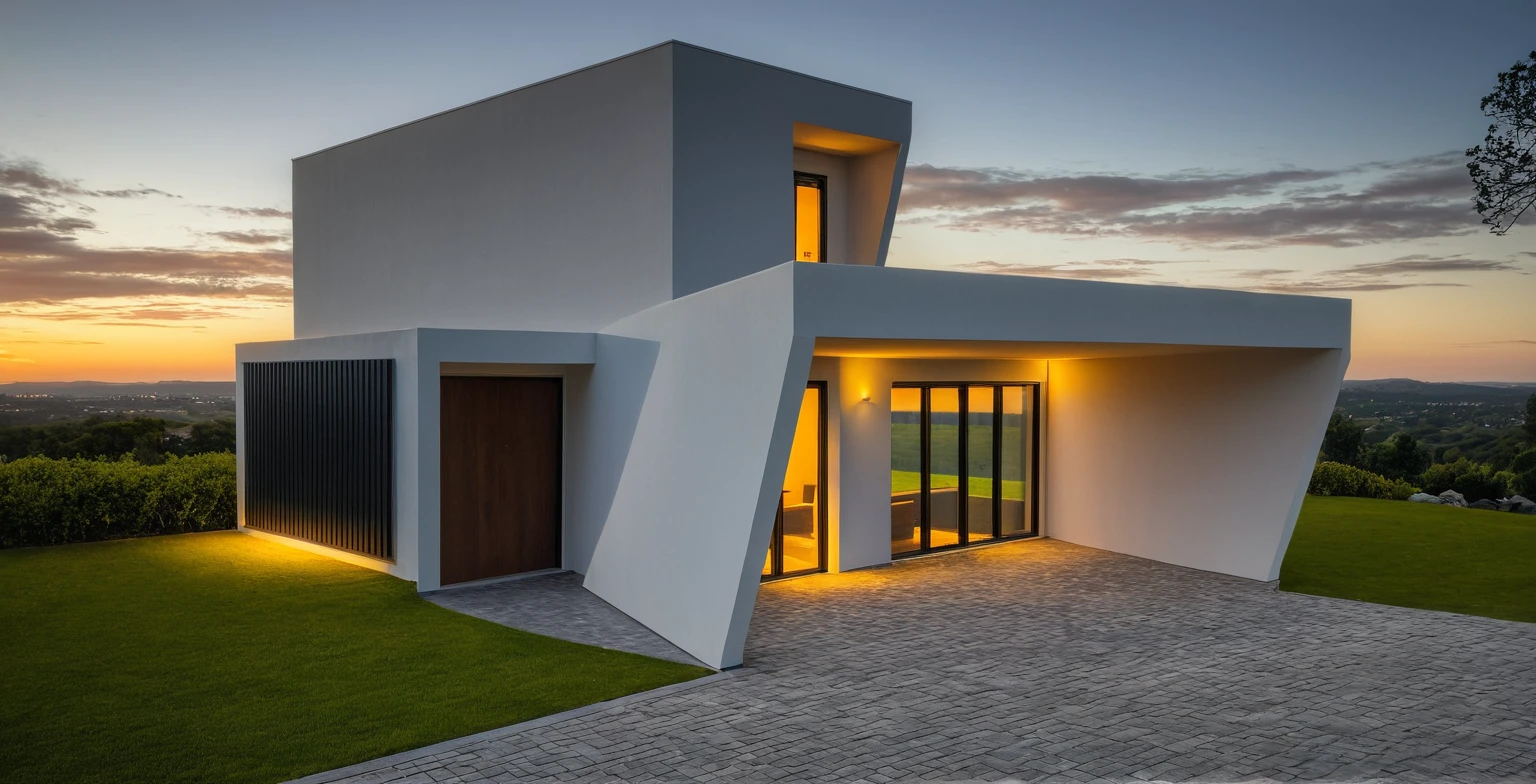 Masterpiece, high quality, best quality, authentic, super detail, outdoors, modern two-story house, modern architecture, white and gray exterior, large windows, flat roof, paved driveway, well-manicured lawn, trees, evening sky, clouds, (dusk lighting:1.1)