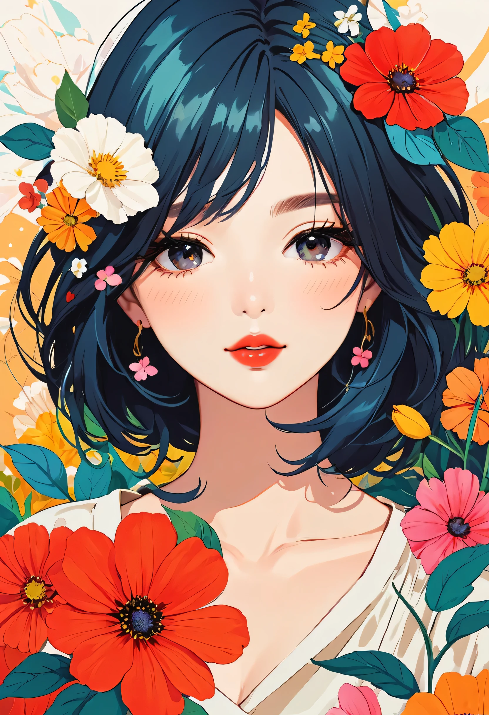 Mika Pikazo style, Simple Line Initialism，Abstract art，Urban Background, colorful flowers ,(((The most beautiful girl of all time))), Sweet face, Lips in love
