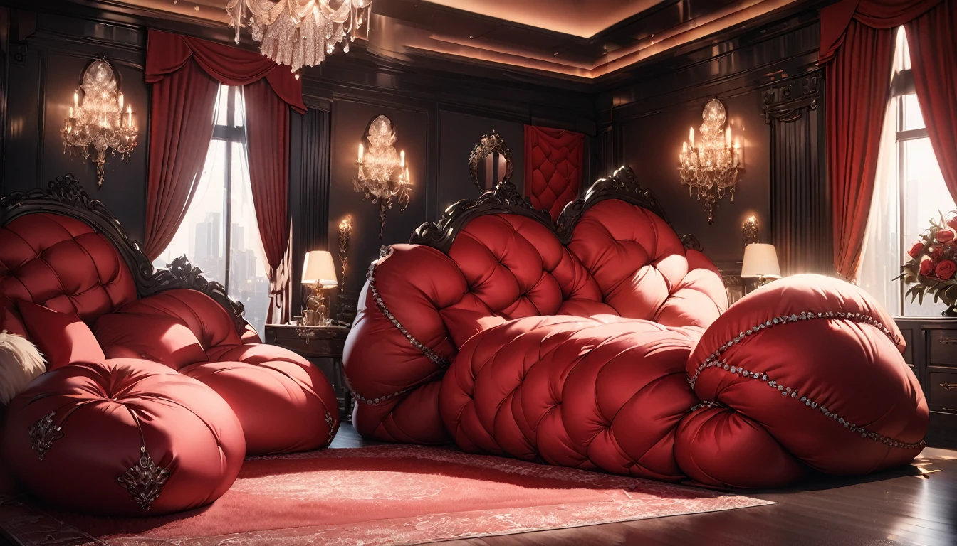 A fluffy red silk feather duvet, many huge silk body pillows, a luxurious and fluffy red silk bed, red silk sheets, 8k, best quality, high detailed, photorealistic, dramatic lighting, warm tones, luxurious, soft, plush, velvet, satin, velvety textures, elegant, sophisticated, premium, lavish, opulent, sumptuous, indulgent, exquisite, refined, lush,