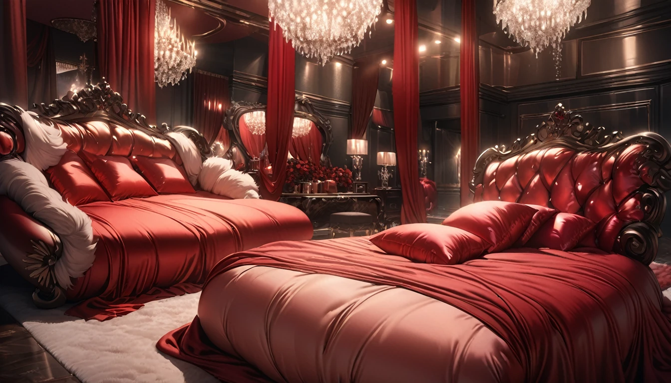 A fluffy red silk feather duvet, many huge silk body pillows, a luxurious and fluffy red silk bed, red silk sheets, 8k, best quality, high detailed, photorealistic, dramatic lighting, warm tones, luxurious, soft, plush, velvet, satin, velvety textures, elegant, sophisticated, premium, lavish, opulent, sumptuous, indulgent, exquisite, refined, lush, 