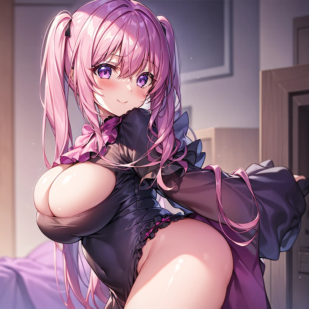 1 Girl, Large Bust, , Pink Hair(Dumpling+Twin tails) Purple Eyes A captivating smile blush Open Mouth Sexy Halloween Costumes Halloween backgrounds