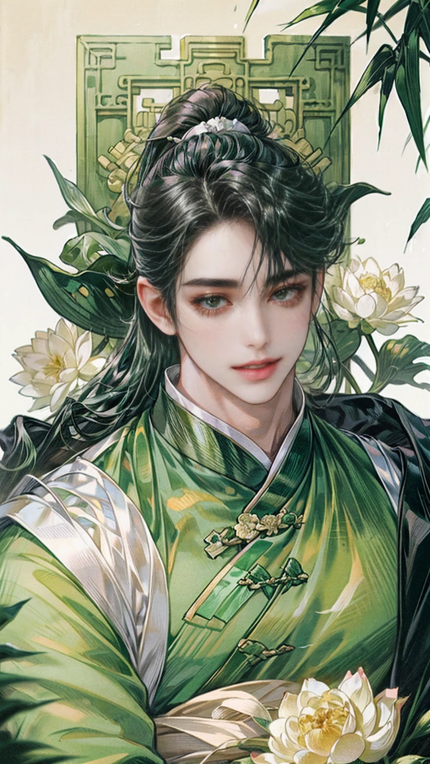 (((best quality))),masterpiece,ultra high resolution,extraordinarily beautiful youth, a bright, innocent smile,All green clothing,((boy 24 year old, green hanfu,green clothing, Chinese shirt style)) ,boy character ,((Thick black long hair)),beautiful face,detailed interior, detailed boy,((man)),(in bamboo forest), house China style, pure white lotus,beautiful and cute boy ,black eyes,((solo man)),(he has a Big eyes, charming lips, slim nose and small face),(slim figures ),ponytail and 冠,folding Hiogi fan,Japanese fan ,wearing 冠