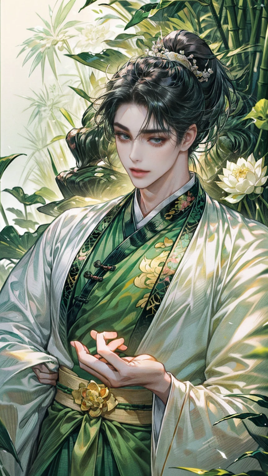 (((best quality))),masterpiece,ultra high resolution,extraordinarily beautiful youth, a bright, innocent smile,All green clothing,((boy 24 year old, green hanfu,green clothing, Chinese shirt style)) ,boy character ,((Thick black long hair)),beautiful face,detailed interior, detailed boy,((man)),(in bamboo forest), house China style, pure white lotus,beautiful and cute boy ,black eyes,((solo man)),(he has a Big eyes, charming lips, slim nose and small face),(slim figures ),ponytail and 冠,folding Hiogi fan,Japanese fan ,wearing 冠