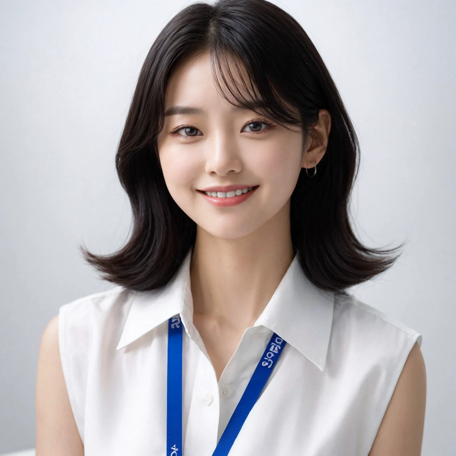 A korean female with medium black hair. They are dressed in a sleeveless white blouse and have a blue lanyard around their neck. The expression is cheerful, with a smile. The background is clean and minimalistic with a white wall. UHD. 8k. realistic photo. masterpiece. Super detailed,Very detailed,sharp focus,Surreal:1.4,professional,HD images