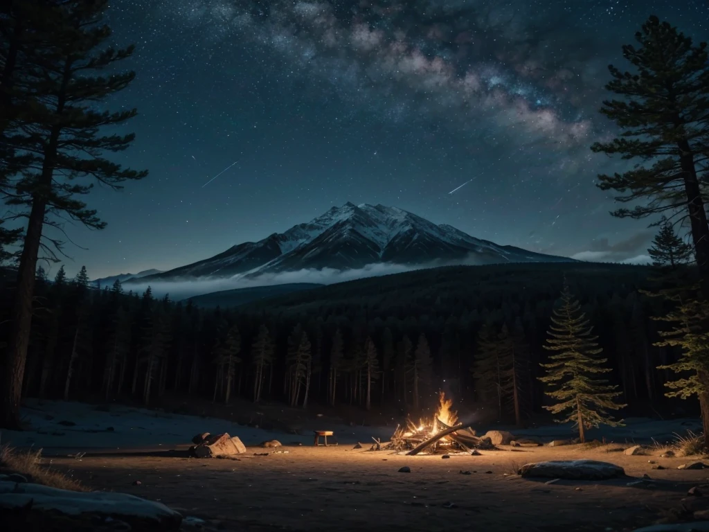 a mystical mountain landscape, a campfire, glowing fireflies, starry night sky, full moon, dense forest with trees and flowers, owls, a wolf, a cat, a UFO, large boulders, (best quality,4k,8k,highres,masterpiece:1.2),ultra-detailed,(realistic,photorealistic,photo-realistic:1.37),cinematic lighting,fantasy,concept art,moody atmosphere,vibrant colors