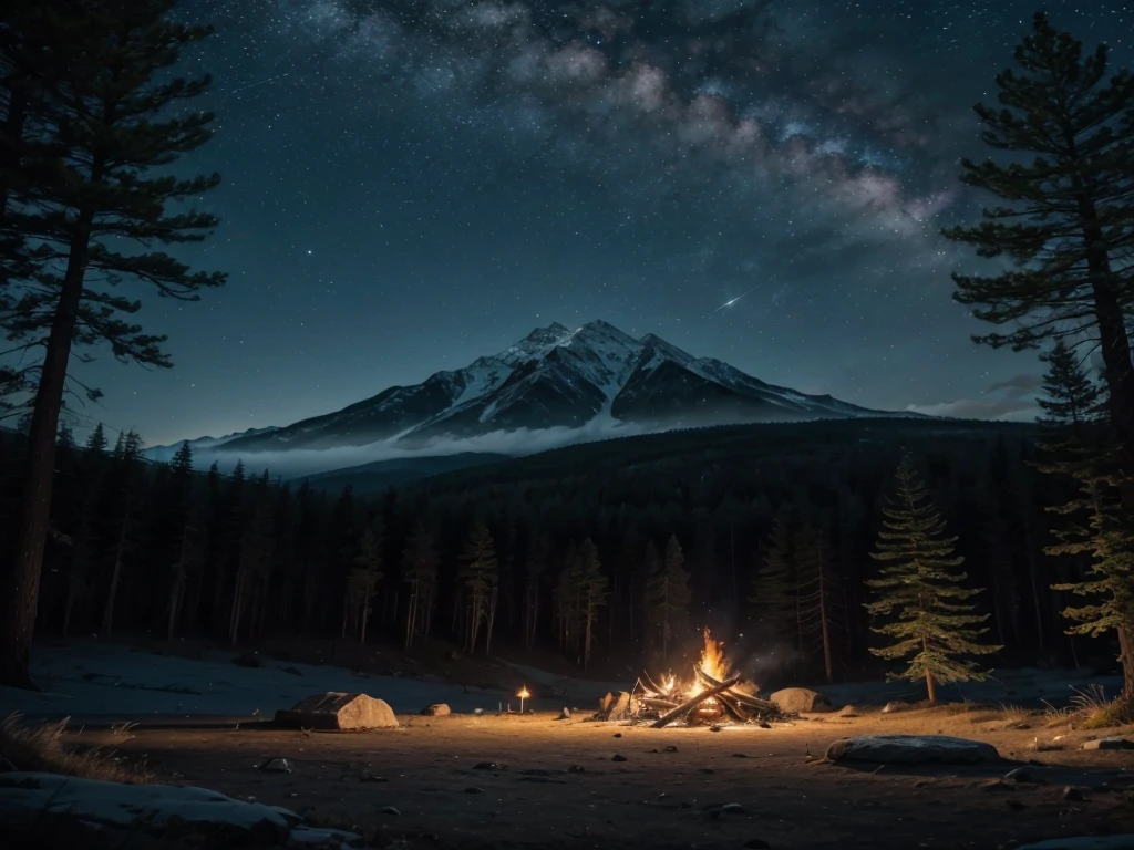a mystical mountain landscape, a campfire, glowing fireflies, starry night sky, full moon, dense forest with trees and flowers, owls, a wolf, a cat, a UFO, large boulders, (best quality,4k,8k,highres,masterpiece:1.2),ultra-detailed,(realistic,photorealistic,photo-realistic:1.37),cinematic lighting,fantasy,concept art,moody atmosphere,vibrant colors