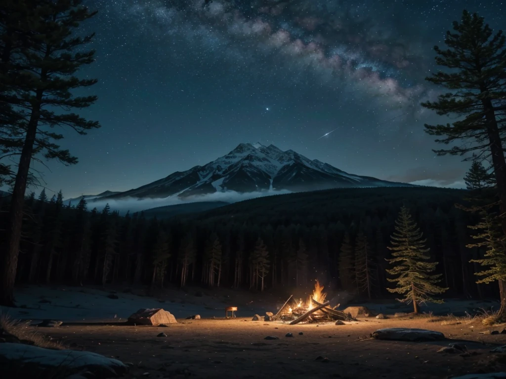 a mystical mountain landscape, a campfire, glowing fireflies, starry night sky, full moon, dense forest with trees and flowers, owls, a wolf, a cat, a UFO, large boulders, (best quality,4k,8k,highres,masterpiece:1.2),ultra-detailed,(realistic,photorealistic,photo-realistic:1.37),cinematic lighting,fantasy,concept art,moody atmosphere,vibrant colors