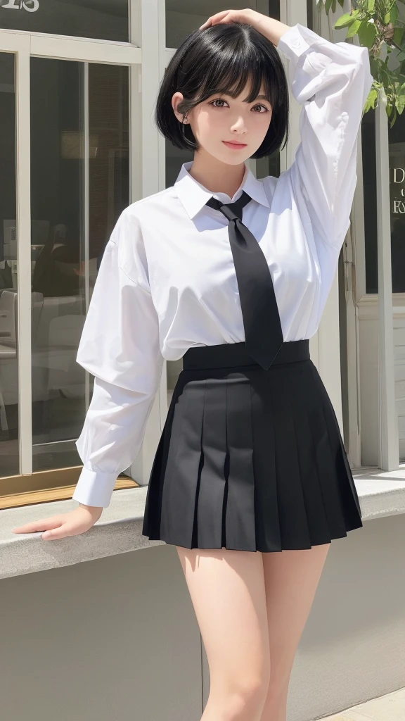 (8K、Photorealistic、Raw photo、Highest quality: 1.4)、(One girl)、Beautiful Face、(A vivid face)、(Black-haired、short hair:1.3)、Beautiful hairstyle、Realistic eyes、Beautiful details、Long eyelashes、（Realistic Skin）、Beautiful Skinideum Breasts、（Perfect body：1.3）、（Detailed body：1.2）、（White collared shirt）、（Black pleated skirt）、