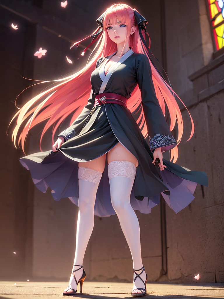 Biologically correct limb count)),(( From head to toe,Full-body photo including face)),4K,((Standing position)),masterpiece,((Focus on the face)),((Symmetrical facial features)),Eyes with detailed description,Beautiful woman,Great style,Beautiful arms,Beautiful feet,Beautiful Hands,(Small Ass,Thin thighs),Facial details,((High heels,Patterned stockings),Realistic photos,blue eyes, hair ornaments, Hair Ribbon,Random color see-through kunoichi costume、Japanese see-through female samurai costume、See-through female ninja costume,, Open clothes, Collared dress emphasizes cleavage、胸の谷間のSweat is noticeable、Professional lighting light reflection、 looking at viewer, (masterpiece:1.2), Highest quality, High resolution, unity 8k wallpaper, (figure:0.8), (Beautiful fine details:1.6), Highly detailed face, Perfect lighting, Highly detailed CG, (Perfect hands, Perfect Anatomy),heavy rain、heavy rainで全身びしょ濡れ、heavy rainで全身びしょ濡れの服、High heels、 ((Perfect handsの形))、(Perfect foot shape、Embarrassed expression、blush、Gestures to seduce a man、Shining Sweat、Perfect Skin,Sweat is noticeable、太もものSweat is noticeable、 Fair skin,Tight waist, Sweating profusely、Sweaty hair、Sweaty clothes、Sweaty、Visible sweat、rain-wet hair、A vast Western church with stained glass windows、Holding a Japanese sword、Athlete System、cherry blossoms、Blonde、Silver Hair