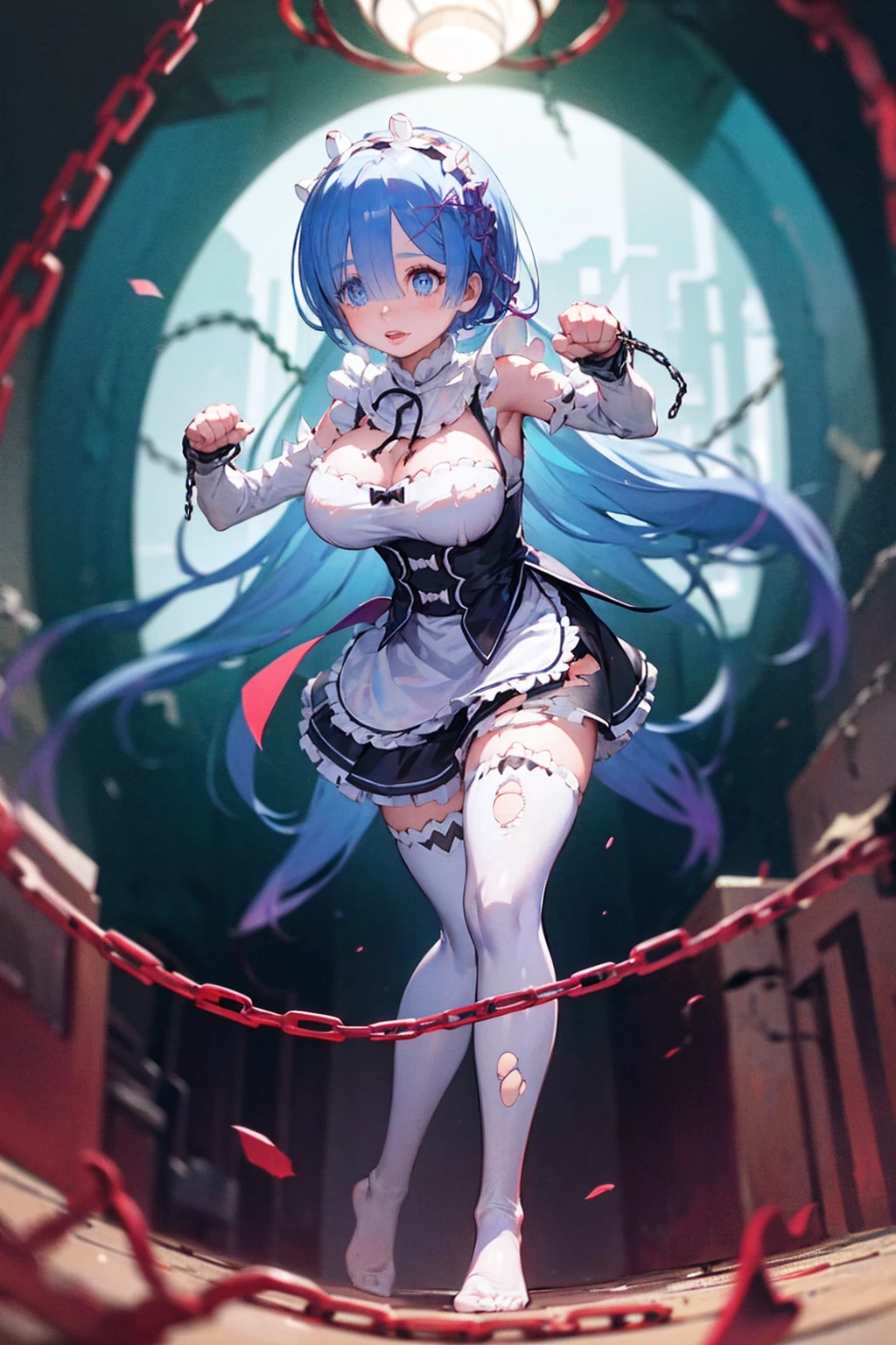 Full moon night、Plump、Show your pants、(((((Fighting Pose)))))、Weapons Morningstar、((Underground Prison))、((The floor beneath my feet is crumbling))、((((Rem in chains)))),(((((Fisheye Lens)))))、((((Super huge breasts))))、(((Plump thighs)))、(((Rem from Re:Zero)))、looking at the camera、High qualityHigh quality、8ｋ、(((((Full body description)))))、Chest、Fantastic、(((((Torn maid uniform)))))、looking at the cameraで、barefoot、((((((Tall Rem))))))、Sweat splashes、Clothes are ripped off,(Torn knee-high socks)、