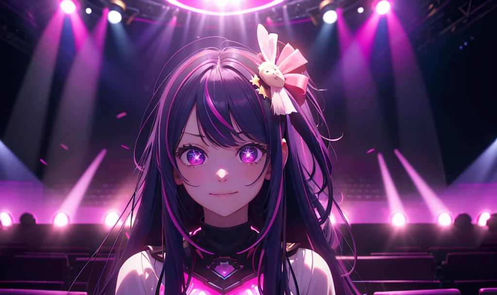 Girl idol, Hoshino Ai, long hair, purple hair, streaked hair, purple eyes, star-shaped pupils, hair ornament, in the concert stage with a pink and purple lights and view towards the viewer, the viewers holding the pink and purple light stick, singing on stage in front of an enthusiastic audience at a futuristic metaverse music festival. AI singer stands on holographic stage、Imagine playing music with digital licenses and emotions. Beautiful scene combined with audience reaction, Light production, And a futuristic musical experience, smile with blush face, BREAK, quality\(8k,wallpaper of extremely detailed CG unit, masterpiece,hight resolution,top-quality,top-quality real texture skin,hyper realisitic,increase the resolution,RAW photos,best qualtiy,highly detailed,the wallpaper,cinematic lighting,ray trace,golden ratio\),(long view, 2D)