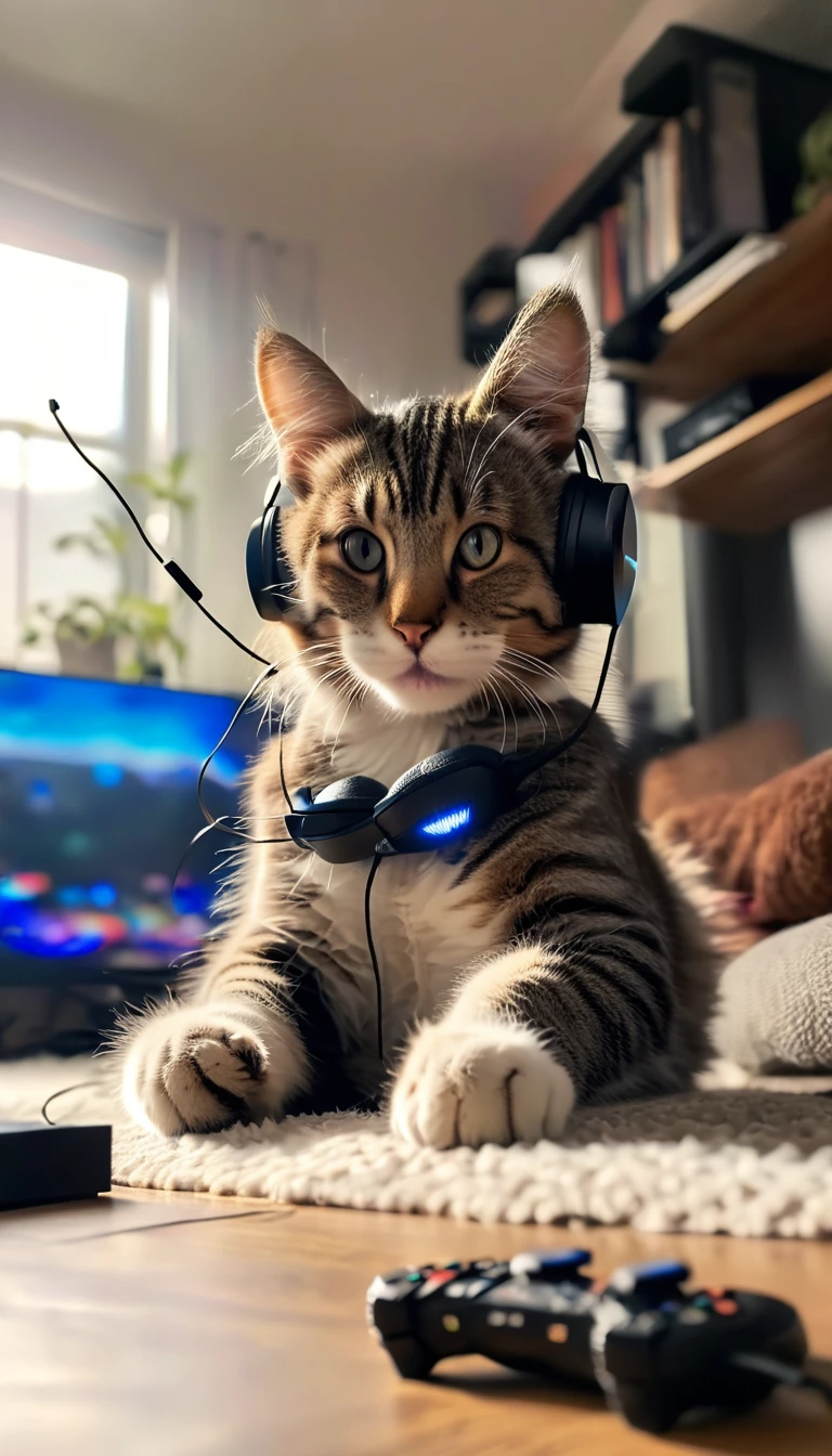 ((8K)), highest quality, 超High resolution, A cat is wearing headphones and holding a PlayStation controller in his room。There is a game on the TV。 ((Chuckle-Smile))