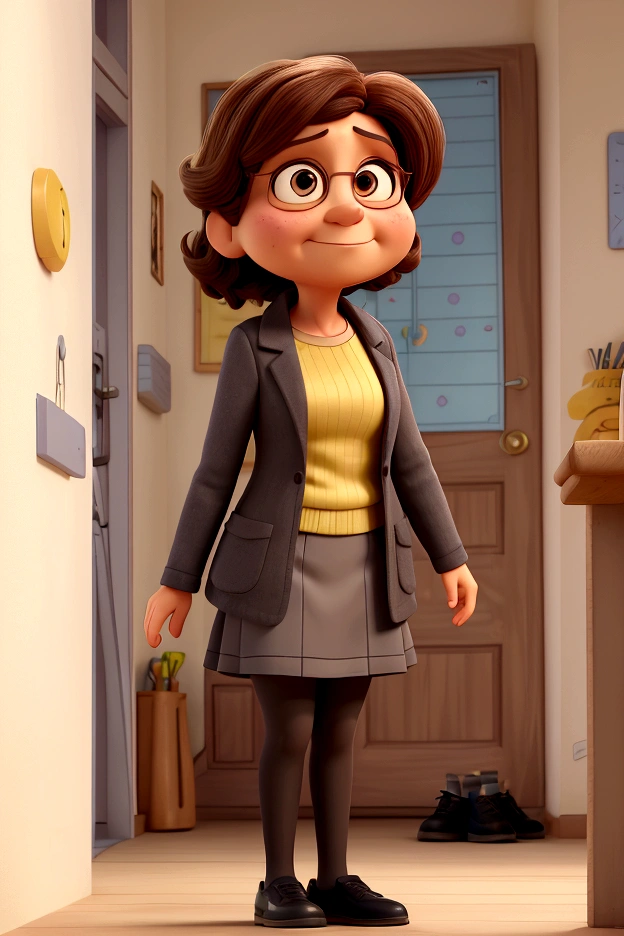 A photo of Ligia Travensolo, a Disney Pixar 3d style character, based on the movie Inside Out, she is short, is a old woman, around 40 years old, is a french teacher, has light skin and shoulder-length dark brown hair, and brown eyes. She is wearing a black blazer, over a mustard yellow top, paired with a grey skirt and black tights and low heel black shoes. Looking at the camera.