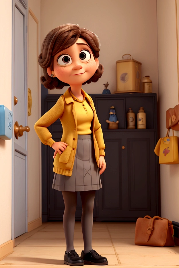 A photo of Ligia Travensolo, a Disney Pixar 3d style character, based on the movie Inside Out, she is short, is a old woman, around 40 years old, is a french teacher, has light skin and shoulder-length dark brown hair, and brown eyes. She is wearing a black blazer, over a mustard yellow top, paired with a grey skirt and black tights and low heel black shoes. Looking at the camera.