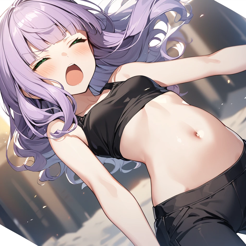 The girl closes her eyes and shouts loudly,pale-purple hair, a dynamic angle, wavy hair blowing in the wind, blunt bangs hair, black and green eyes,small breast, A black tank top showing her slim belly, black drawstring pants, 