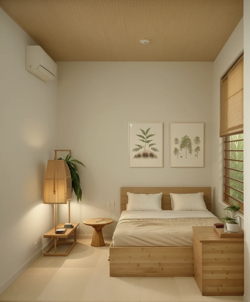 A serene Muji style bedroom with a minimalist design, featuring a neutral color palette of soft whites, beiges, and natural wood tones. The room showcases a low-profile wooden bed with simple, bamboo blinds on large windows on the right, clean lines, dressed in cozy, neutral-toned bedding. On either side of the bed are small, minimalist nightstands with simple, round lamps providing soft, ambient lighting. The walls are adorned with minimal decor, including a single framed artwork of a green leaf above the bed. To the right, there's a functional wooden desk with a round mirror and a small potted plant, exuding a sense of calm and natural beauty. The floor is covered with a simple, textured rug that complements the wooden flooring. Large windows with bamboo blinds allow natural light to filter in, creating a warm and inviting atmosphere. The room is free of clutter, emphasizing functionality and simplicity, characteristic of the Muji style. ((8k)), high quality detail, soft lighting, minimalist design, neutral color palette, natural materials, clean lines, serene and inviting, modern Japanese aesthetic.
