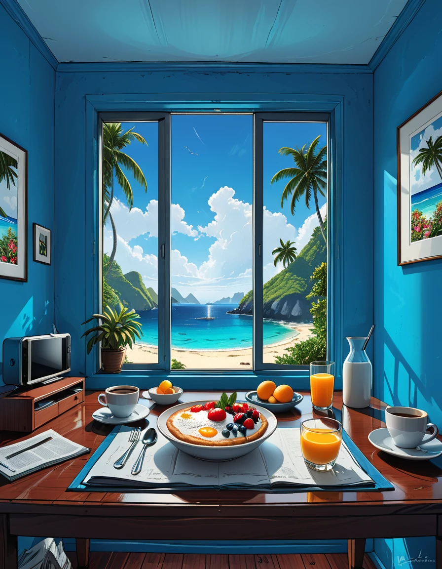 ants on the table in the bedroom, blue walls,blue bad, tropical island outside the window,
panoramic windows, perfect hotel room, smartphone, breakfast, graphic style of novel comics,dark novel, 2d, 8k, hyperrealism, masterpiece, high resolution, best quality, ultra-detailed, super realistic, Hyperrealistic art, high-quality, ultra high res, highest detailed, lot of details, Extremely high-resolution details, incredibly lifelike, colourful, soft cinematic light,