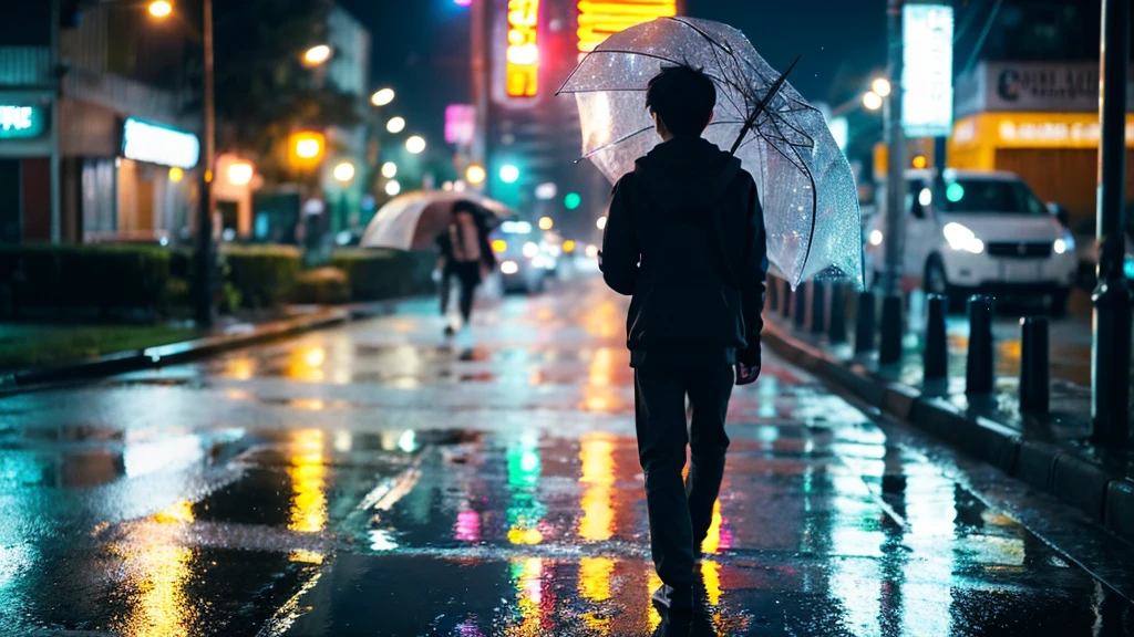 Boy walking on a rainy night