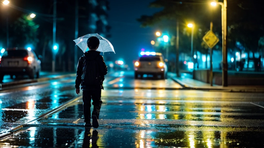 Boy walking on a rainy night