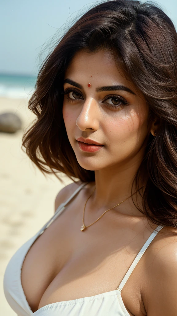 ((RAW, analog style)), face, extremely detailed full body color photo of a 29 y.o girl, beautiful face, beautiful eyes, ((small nose)), big natural lips, ((fabric dress)), big huge breasts with bra, healthy body, beach, ((film grain, skin details, high detailed skin texture, 8k hdr, dslr)), indian female model rubina tandon, close-up picture of rubina tandon, Sexy figure, hot looks, long hair, sparkling day dreams eyes, photography taken by t. K padmini, 1990s
