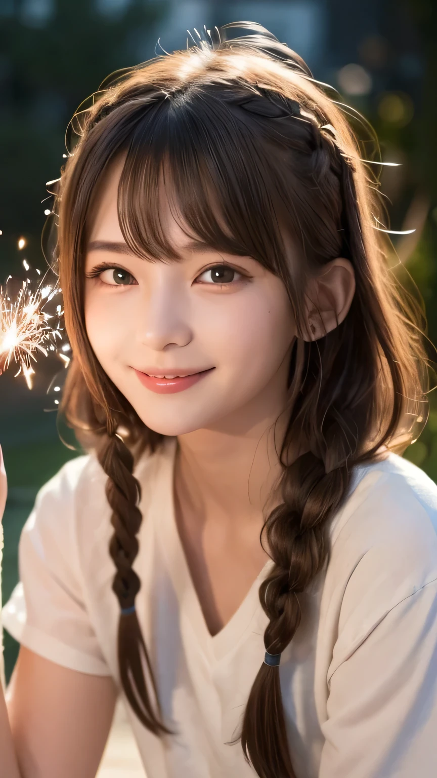Best picture quality (8K, high resolution, Masterpiece: 1.2), super detailed,  215 Short Hair,Three braids long hair, 16-year-old woman, 

situation: Silently gazing at the sparklers alone。
detailed:
angle: Close-up of a girl&#39;s profile gazing at a sparkler she is holding。
atmosphere: The sparks of the sparkler slowly fall,、Capture the girl&#39;s calm expression。
background: A dimly lit garden、The dim light of a lantern。


, random cute pose ,big eyes ,Puffy eyes ,  Heart Pupil, blush  , huge shy smile , salute

