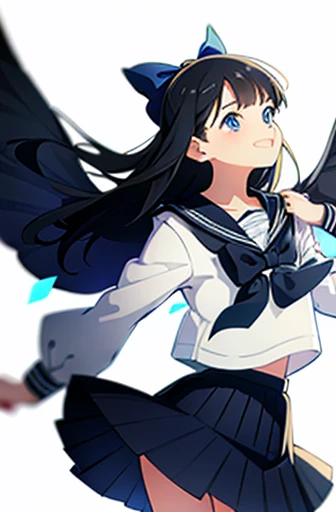 One girl, , skirt, alone, Long Hair, blue eyes, Seraphim, Black Hair, Sailor collar, shirt, Long sleeve, Blurred, View your viewers, bow, Blurred background, white shirt, stage, pleated skirt, black skirt, smile, blue bow, bangs, Depth of written boundary, black Sailor collar, Are standing, School, neckerchief, Mouth closed, bowtie, blue skirt, Akebi Sailor,Open your mouth,
