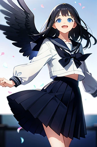 One girl, , skirt, alone, Long Hair, blue eyes, Seraphim, Black Hair, Sailor collar, shirt, Long sleeve, Blurred, View your viewers, bow, Blurred background, white shirt, stage, pleated skirt, black skirt, smile, blue bow, bangs, Depth of written boundary, black Sailor collar, Are standing, School, neckerchief, Mouth closed, bowtie, blue skirt, Akebi Sailor,Open your mouth,