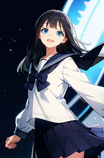 One girl, , skirt, alone, Long Hair, blue eyes, Seraphim, Black Hair, Sailor collar, shirt, Long sleeve, Blurred, View your viewers, bow, Blurred background, white shirt, stage, pleated skirt, black skirt, smile, blue bow, bangs, Depth of written boundary, black Sailor collar, Are standing, School, neckerchief, Mouth closed, bowtie, blue skirt, Akebi Sailor,Open your mouth,