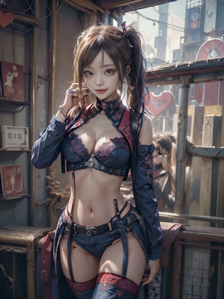 (Full Body View:1.2)、(Smiling with teeth showing:1.3),(Shibuya Gal:1.5)、(Beautiful:1.4)、(Neo-Goth Fashion:1.5)、(Punk RockVisual Kei:1.3)、(Futuristic red, magenta, denim and navy blue bodysuit:1.5)、(Delicate red and magenta cardigan:1.5)、(Gorgeous decorated corset:1.4)、(Navy garter belt:1.5)、(Red and magenta cargo pants:1.3)、(Heart-shaped silver accessories:1.5)、(Brown Skin Belt:1.4)、(Red high heels:1.4)、(Lace underwear:1.4)、20-year-old、Browsing Caution,((Highest quality、In 8K、masterpiece:1.3))、Sharp focus:1.2、(Layered Cut、Huge breasts:1.1),Beautiful woman with perfect figure:1.4、(Dance vigorously:1.3)、Slim Abs:1.2、Butt、Highly detailed face and skin texture、Fine grain、double eyelid,(Twin tails:1.3)、(Brown blonde:1.3)、Obscene、Idol Sculpture、(In the background is a gorgeous medieval metropolis on a sunny day:1.3)、(Slimming your legs:1.4)、(The body is slim:1.3)、(clavicle:1.1)