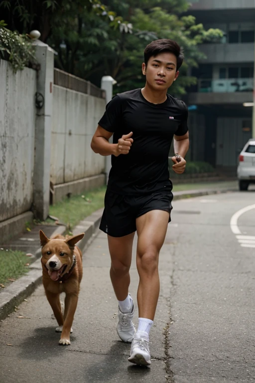 A young Thai man runs with a dog.