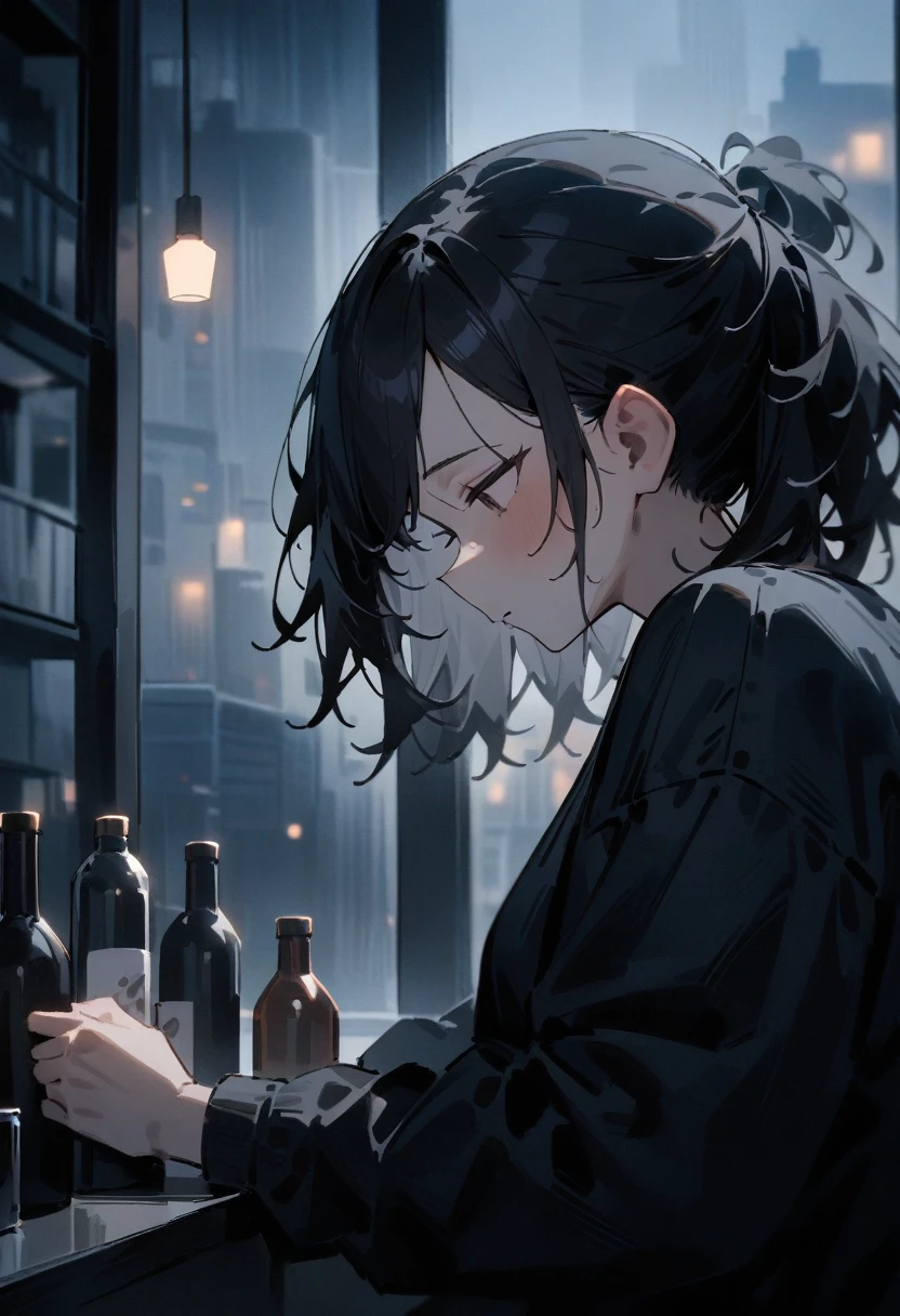 masterpiece, best quality, very aesthetic, absurdres, newest, 1girl, solo, asymmetrical bangs, tareme, masterpiece, disheveled hair, tired eyes, looking down, melancholic expression, casual clothes, dimly lit bar, empty bottles, dark and gloomy atmosphere, blurred bustling city outside window, sitting, upper body shot