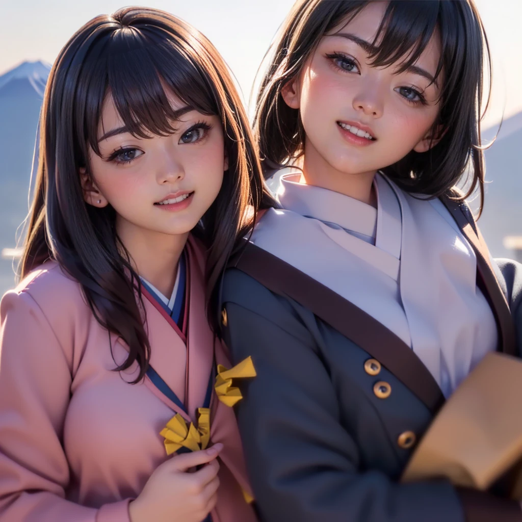 ((8K, RAW Photos, Highest quality, masterpiece), High-resolution RAW color photos、
Professional close-up photography, (Realistic, Photorealism: 1.37),
(Highest quality), (Best Shadow), (Best illustrations),(Facing forward:1.3)
best quality, masterpiece,
New Year,
Three Japanese high-school cute girls, looking straight,
(gently smiling:1.5),
(Japanese-high-school-blazer-uniform:1.5),
Reddish bow tie, with a school bag,
((too much smile)), very cute, face, head and waist fully visible, (soft eyes:1.2)
upper arms hidden by clothes and hair,(innocent and pure high-school-girls:1.5)
,(The image shows only the upper body:1.7),
(separately side by side:1.4),
(The image shows only the upper body:1.7),
shrine background,(mount Fuji:1.3),
winter(season),(outdoors:1.5)